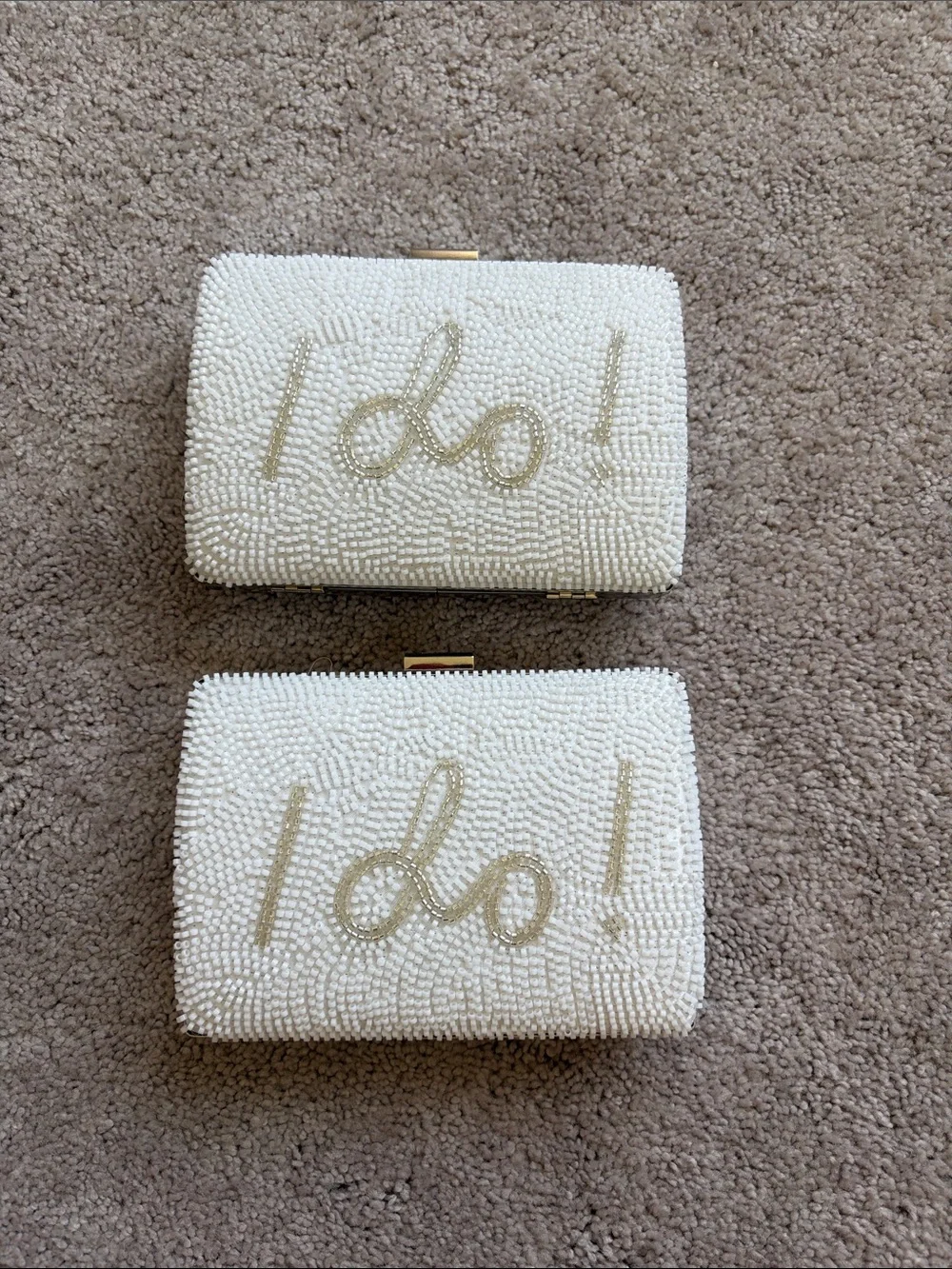 Source Unknown White Beaded 'I do!' Clutch with Gold Script